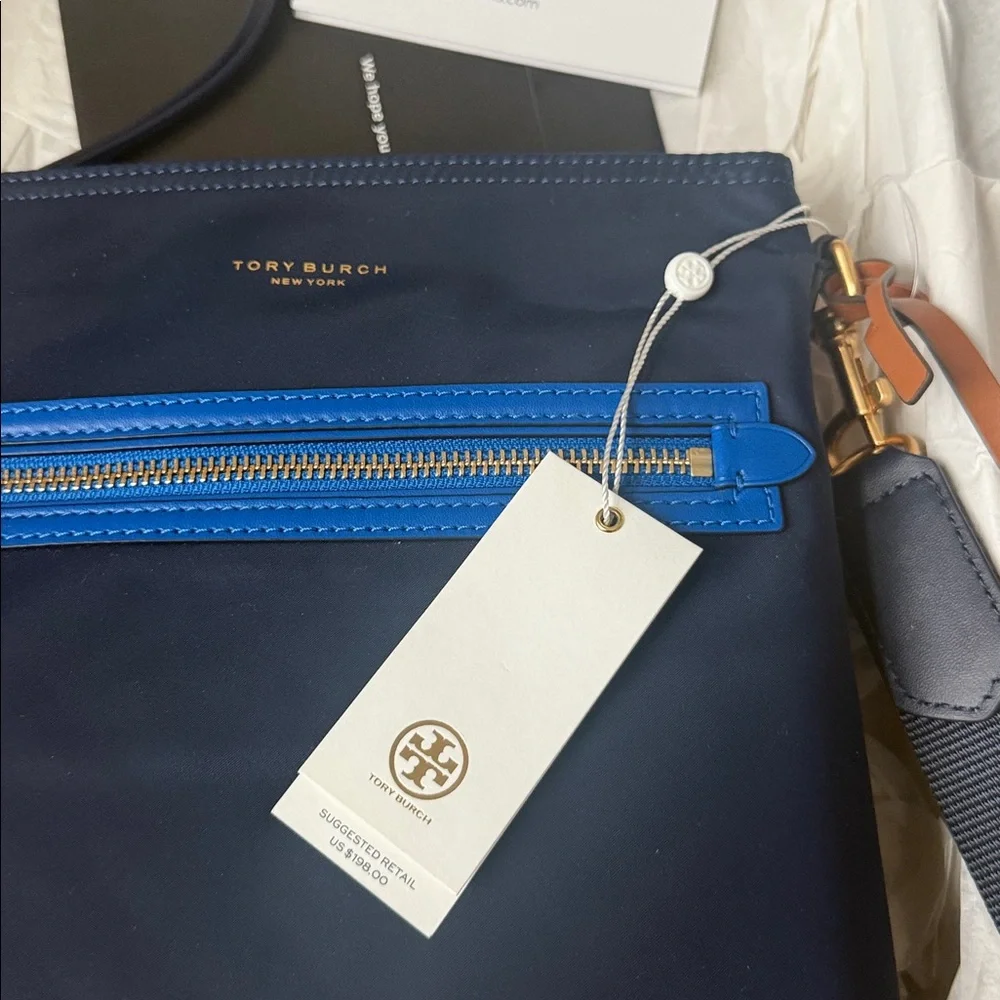 NWT Tory Burch Navy Nylon Crossbody Bag Blue Trim Gold Hardware